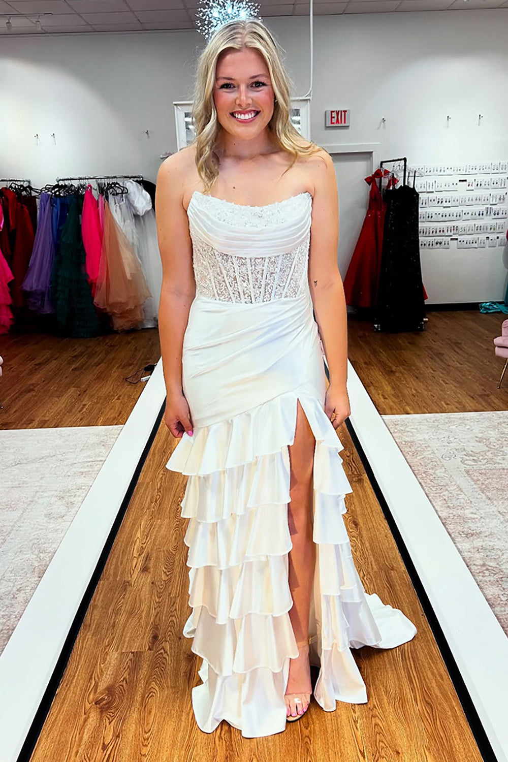 Satin Mermaid Prom Dress with Sequins in Blush - Strapless and Tiered