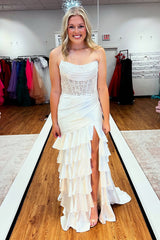 Satin Mermaid Prom Dress with Sequins in Blush - Strapless and Tiered