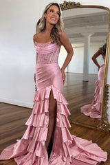 Satin Mermaid Prom Dress with Sequins in Blush - Strapless and Tiered