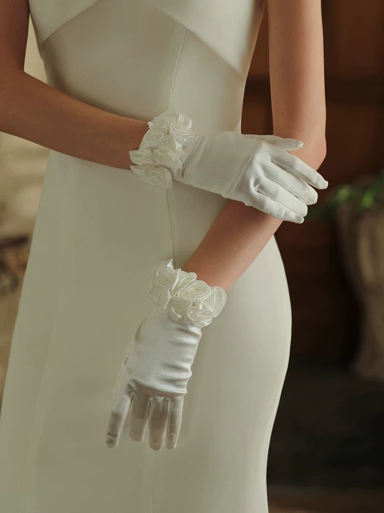 Satin Wedding Gloves with Ruffles