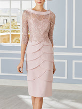 Scoop Neck 3/4 Sleeve Knee-Length Sheath Mother of the Bride Dress with Lace