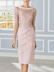 Scoop Neck 3/4 Sleeve Knee-Length Sheath Mother of the Bride Dress with Lace