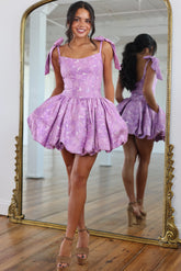 Scoop Neck Bow Strap Jacquard Corset Homecoming Dress Bubble Mini Open Back