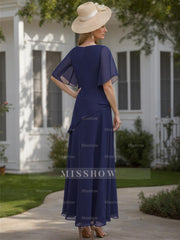 Scoop Neck Chiffon Mother of the Bride Dress with 1/2 Sleeves in A-Line/Princess Style