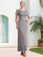 Scoop Neck Short Sleeve Ankle-Length Sheath/Column Mother of the Bride Dress with Appliques