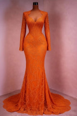 Sequin Lace Mermaid Evening Dress Deep V-Neck Long Sleeve Scallop Trim Boned Corset Formal Gown with Sweep Train