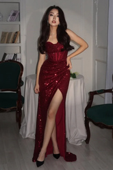 Sequin Strapless Sleeveless Long High Split Formal Dress With Pleated