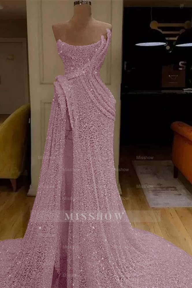 Sequin Strapless Sleeveless Long Mermaid Formal Dress With Split