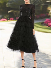 Sequin-Tiered Tea-Length A-Line Dress with Jewel Neckline and Long Sleeves for the Mother of the Bride