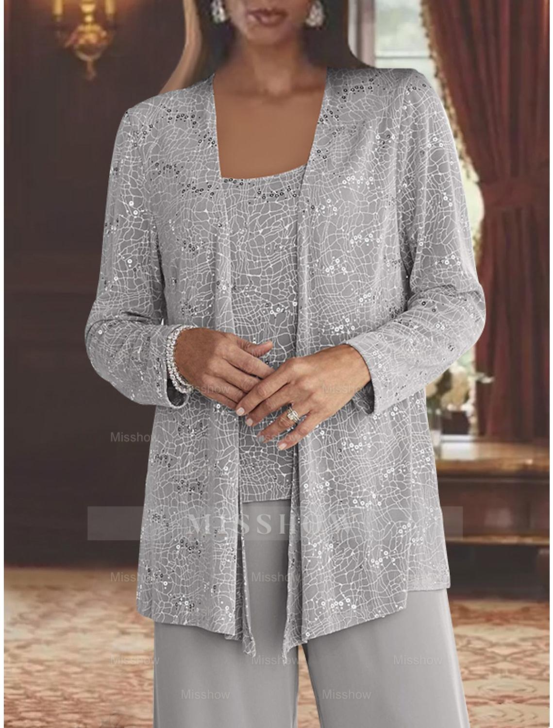 Sequined Chiffon Pantsuits for the Mother of the Bride with Jacket