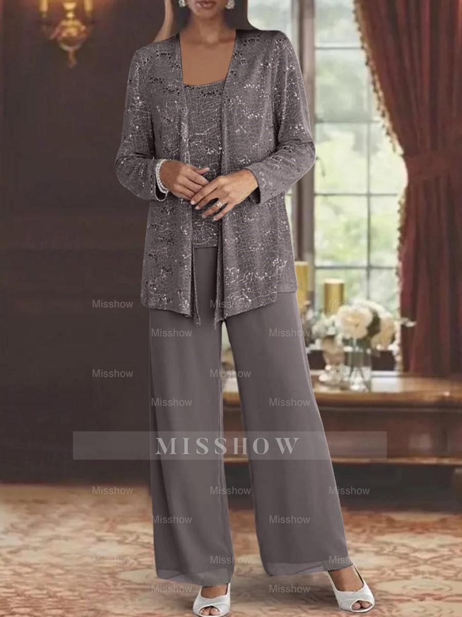 Sequined Chiffon Pantsuits for the Mother of the Bride with Jacket