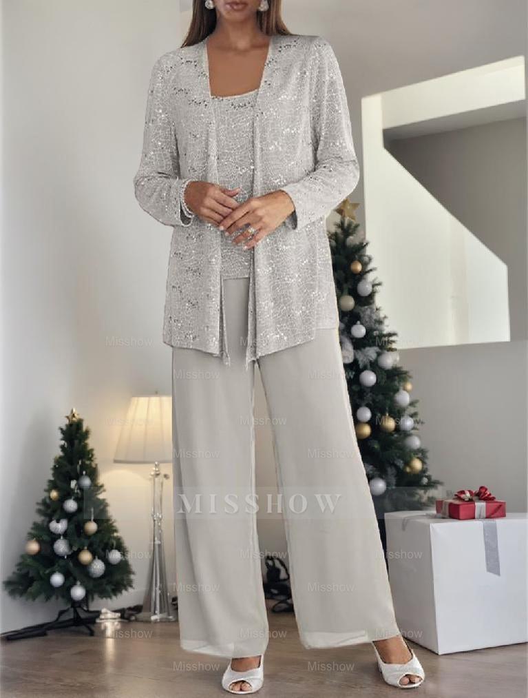 Sequined Chiffon Pantsuits for the Mother of the Bride with Jacket