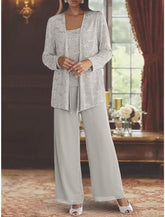 Sequined Chiffon Pantsuits for the Mother of the Bride with Jacket