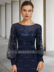 Sequined Floor-Length Mother of the Bride Dress with Scoop Neck and Long Sleeves