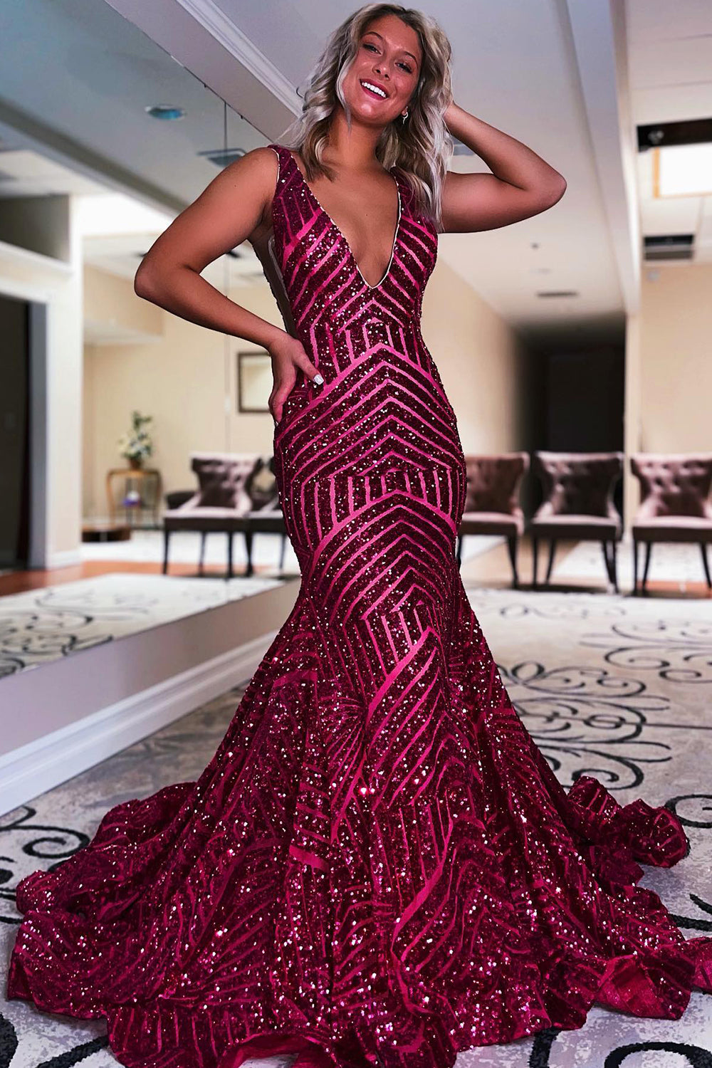 Sequined Mermaid Prom Dress with Deep V-Neck in Fuchsia