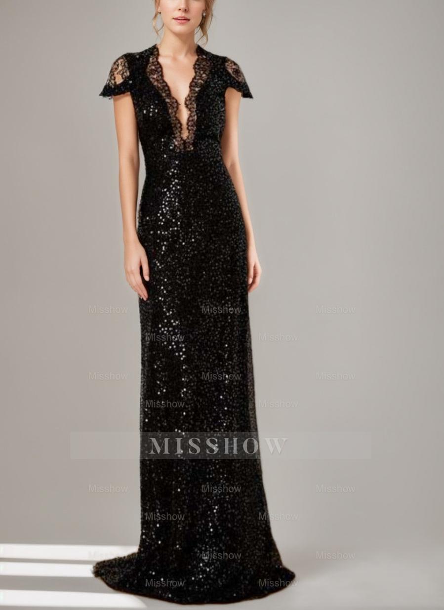 Sequined Plunge V-Neck Floor-Length Mother of the Bride Dress with Lace and Slit