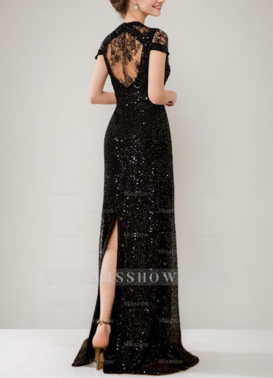 Sequined Plunge V-Neck Floor-Length Mother of the Bride Dress with Lace and Slit