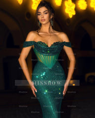 Sequins Dark Green Off the Shoulder Long Mermaid Formal Dress Gown