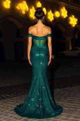 Sequins Dark Green Off the Shoulder Long Mermaid Formal Dress Gown
