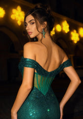 Sequins Dark Green Off the Shoulder Long Mermaid Formal Dress Gown