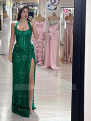 Sequins Halter Sleeveless Long Mermaid Formal Dress With Split