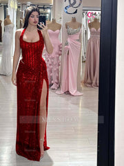 Sequins Halter Sleeveless Long Mermaid Formal Dress With Split