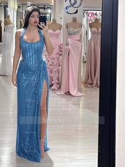 Sequins Halter Sleeveless Long Mermaid Formal Dress With Split