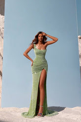 Sequins One Shoulder Sleeveless Long Formal Dress With Split Pleated