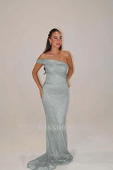 Sequins One Shoulder Sleeveless Long Mermaid Formal Dress With Pleated