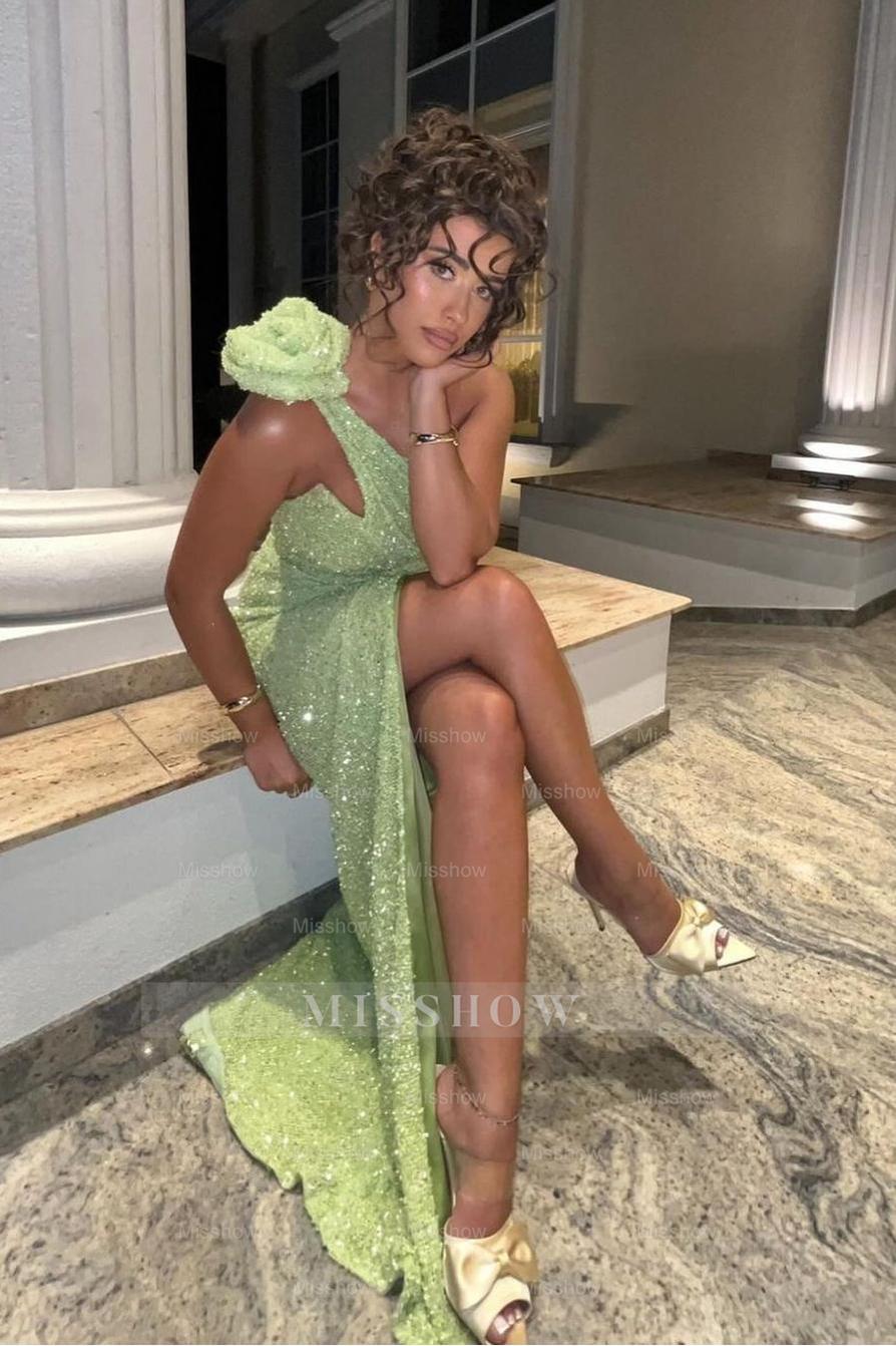 Sequins One Shoulder Sleeveless Split Long Formal Dress With Pleated