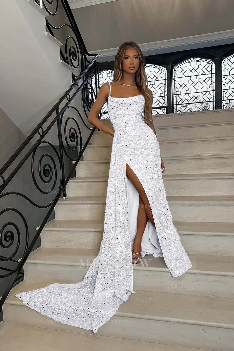 Sequins Spaghetti Strap Sleeveless Long Mermaid Formal Dress With Split