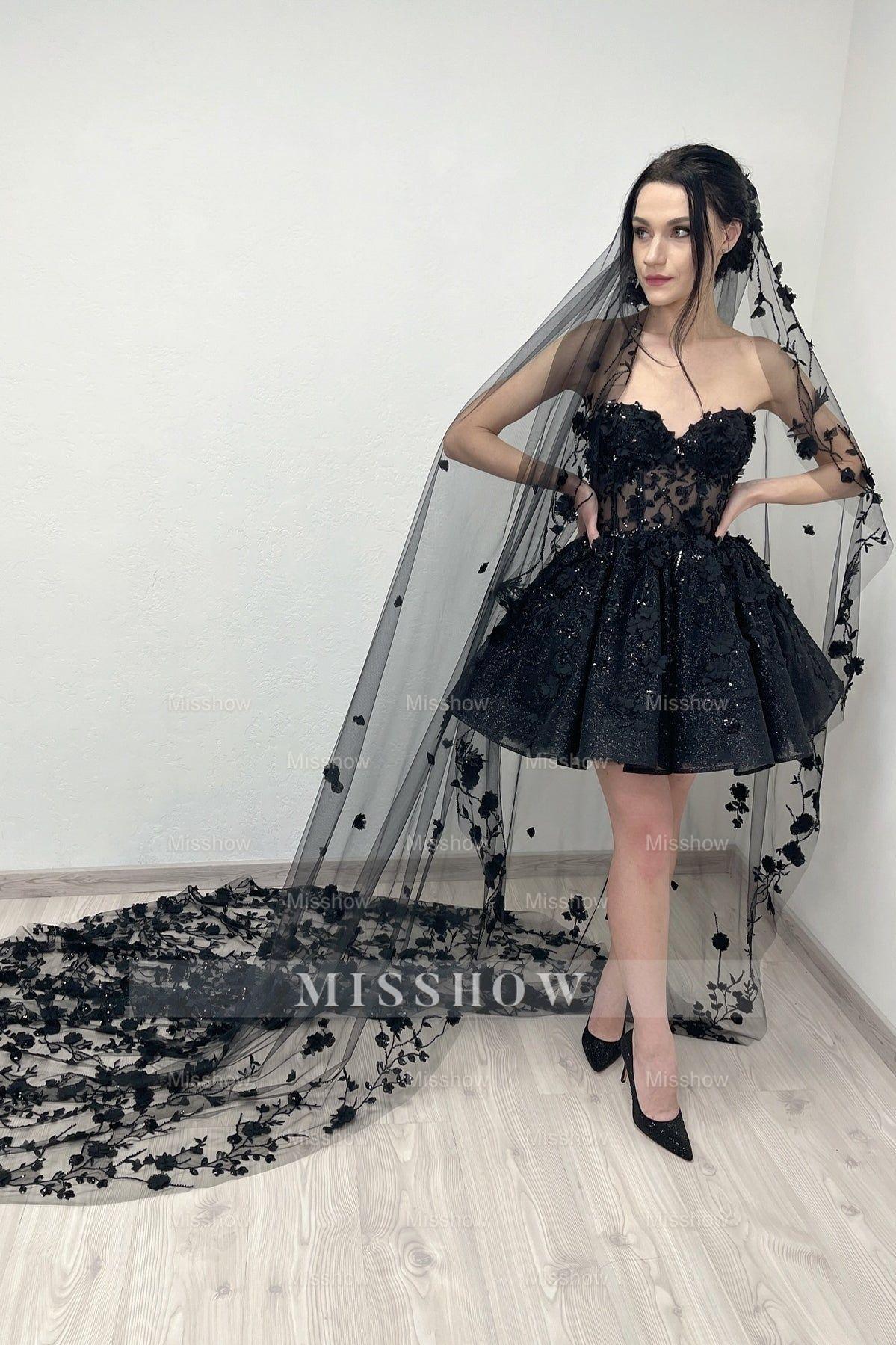 Sexy Black Ball Gown Sweetheart Lace Sleeveless Sequined Tulle Mini Prom Dresses With Appliques