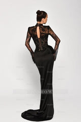 Sexy Black Mermaid High-Neck Long Sleeves Lace Panel Train Satin Ruffle Evening Dresses With High Slit