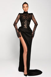 Sexy Black Mermaid High-Neck Long Sleeves Lace Panel Train Satin Ruffle Evening Dresses With High Slit