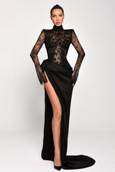 Sexy Black Mermaid High-Neck Long Sleeves Lace Panel Train Satin Ruffle Evening Dresses With High Slit