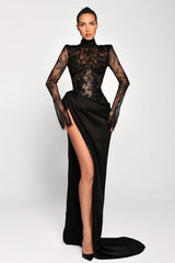 Sexy Black Mermaid High-Neck Long Sleeves Lace Panel Train Satin Ruffle Evening Dresses With High Slit