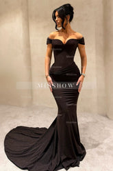 Sexy Black Mermaid Sweetheart Off-The-Shoulder Sleeveless Ruffle Sweep Train Simple Satin Evening Dresses