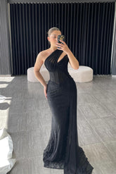 Sexy Black One Shoulder Sleeveless Mermaid Evening Dress with Appliques