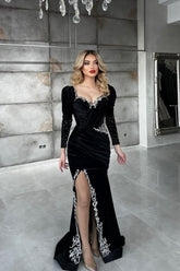 Sexy Black Sequined Column Appliques Long Sleeves Split Front Floor-length Prom Evening Dresses