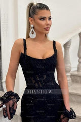 Sexy Black Spaghetti Strap Mermaid Sleeveless Beaded Long Evening Lace Prom Evening Dresses