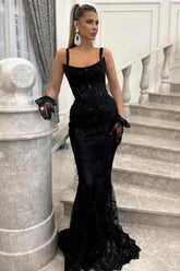 Sexy Black Spaghetti Strap Mermaid Sleeveless Beaded Long Evening Lace Prom Evening Dresses