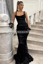 Sexy Black Spaghetti Strap Mermaid Sleeveless Beaded Long Evening Lace Prom Evening Dresses