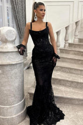 Sexy Black Spaghetti Strap Mermaid Sleeveless Beaded Long Evening Lace Prom Evening Dresses