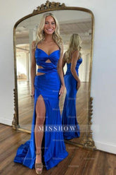 Sexy Blue Mermaid Sweetheart Spaghetti Strap Sweep Train Satin Split Front Simple Prom Dresses