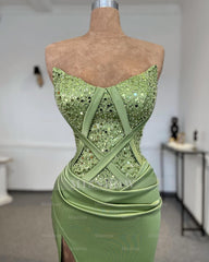 Sexy Column Strapless Sleeveless Sequined Satin Prom Dress Woman