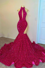 Sexy Halter Mermaid Floor-Length Prom Evening Dresses With Sequins