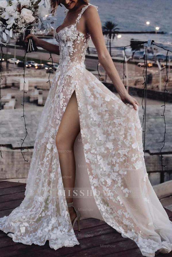 Sexy Ivory A-Line Spaghetti Strap V-neck Sleeveless Lace Long Tulle Wedding Dresses With High Slit