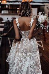 Sexy Ivory A-Line Spaghetti Strap V-neck Sleeveless Lace Long Tulle Wedding Dresses With High Slit