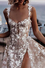 Sexy Ivory A-Line Spaghetti Strap V-neck Sleeveless Lace Long Tulle Wedding Dresses With High Slit