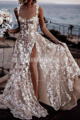 Sexy Ivory A-Line Spaghetti Strap V-neck Sleeveless Lace Long Tulle Wedding Dresses With High Slit